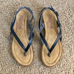 Blowfish Malibu Sandals; Dark Blue/Tan Wedge 🐡
